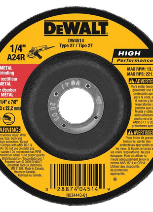DEWALT DW4514 1/4 inch Thick Grinding Wheel with 4-1/2 inch Diameter and 7/8 inch Arbor