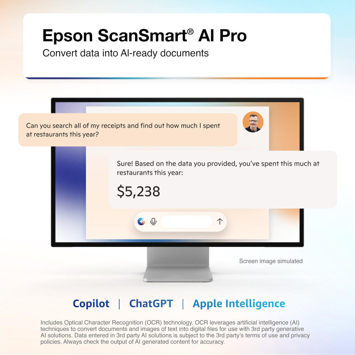 Epson RapidReceipt RR-600W Wireless Desktop Color 2-Sided Receipt & Document Scanner with ScanSmart AI PRO Receipt Management & PDF Software for PC & Mac, Touchscreen & 100-Page Auto Document Feeder