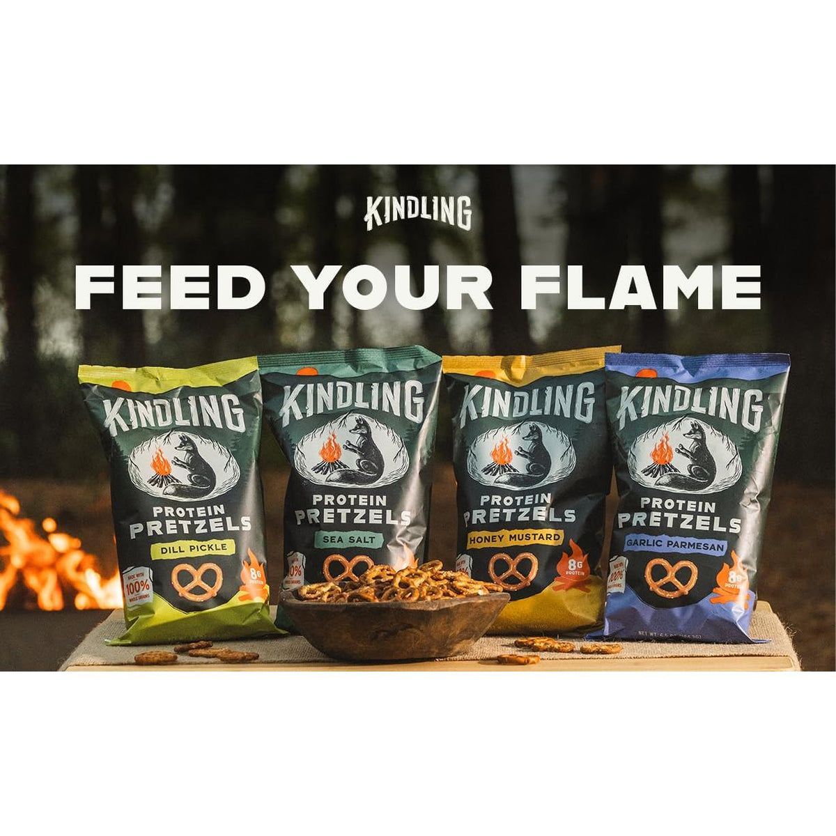 Kindling Protein Pretzels Variety Pack - Sea Salt (3), Dill Pickle (3), Honey Mustard (3), Garlic Parmesan (3) | Protein-Packed Snack | Kosher | 8 - 9g Protein Per Serving | Only 1-2g of Total Sugar | No Artificial Flavors, Soy-Free | Kid’s Snacks & Lunch