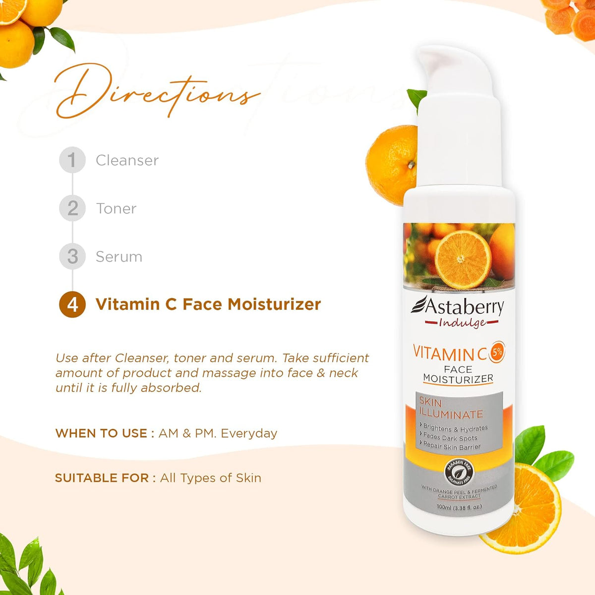 Astaberry Indulge Vitamin C Face Moisturizer for Glowing Skin | Hydrates Skin | Fades Dark Spots | With Orange Peel & Fermented Carrot Extract | Boosts collagen -100ml