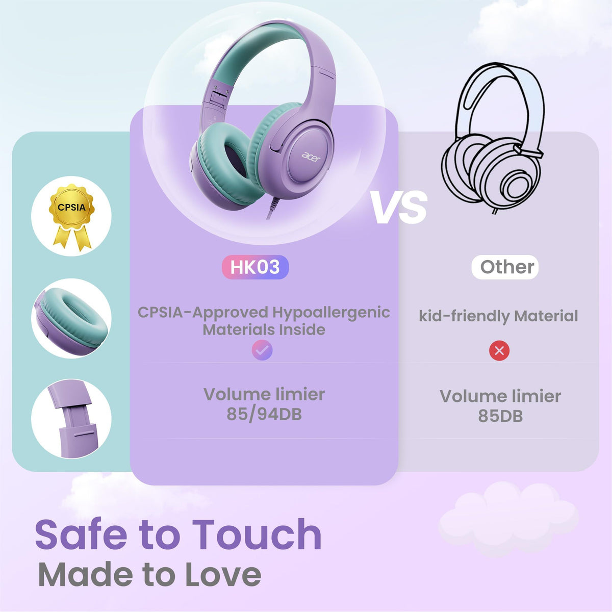 Kids Headphones with Cord for School - Over-Ear 85/94dB Volume Limiter, 3.5mm Jack Foldable Stereo Sound Headset for Toddlers Girls Boy Travel Learning Entertainment Tablet Kindle iPad PC Purple Green