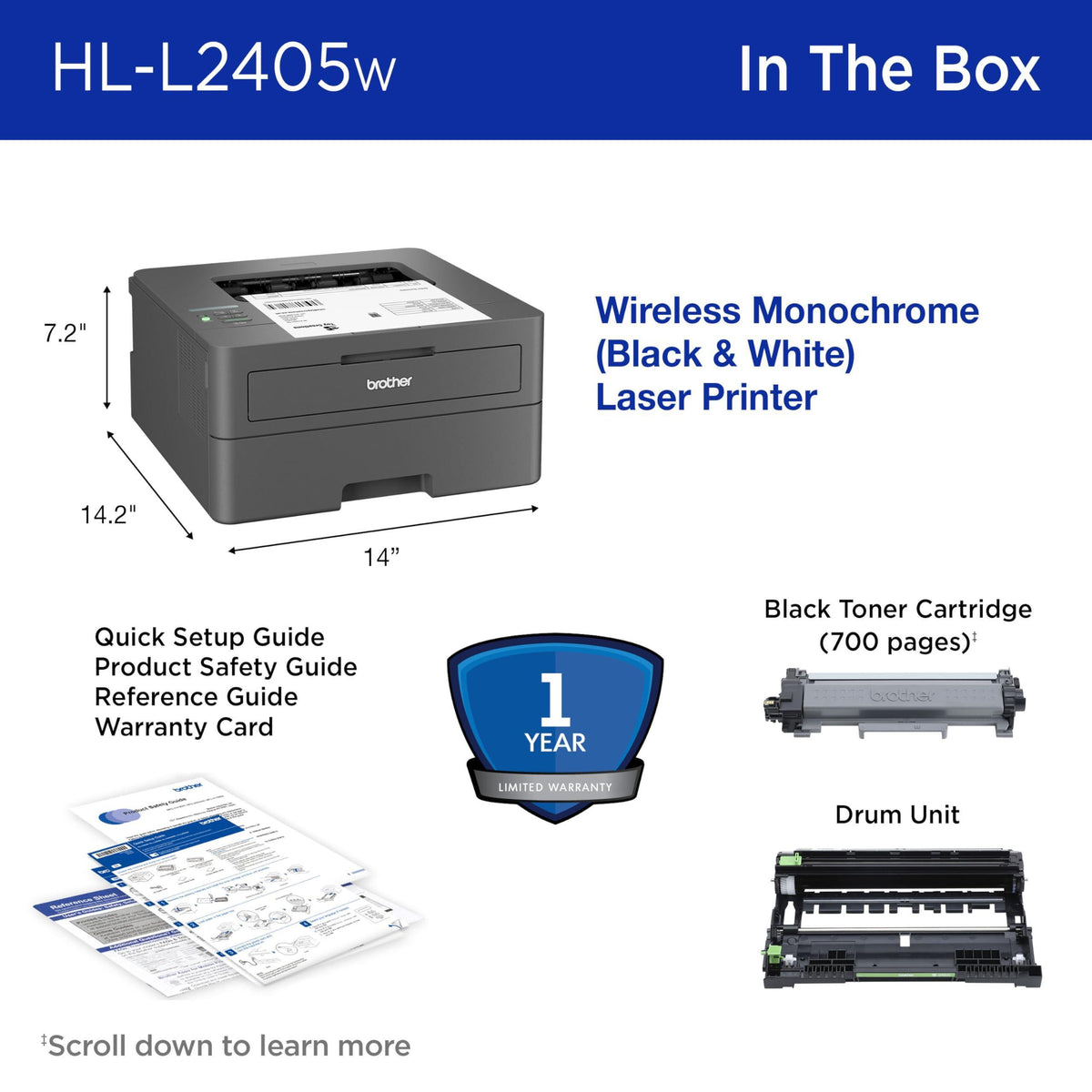 Brother HL-L2405W Wireless Compact Monochrome Laser Printer with Mobile Printing, Black & White Output | Includes Refresh Subscription Trial(1), Works with Alexa