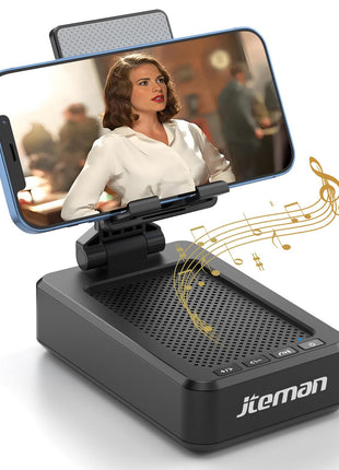 JTEMAN Cell Phone Stand with Bluetooth Speaker, HD Stereo Sound & Anti-Slip Base, Foldable Adjustable Desktop Phone Holder for Home Office, Cool Tech Gadgets Birthday Gifts for Men Women (Black)