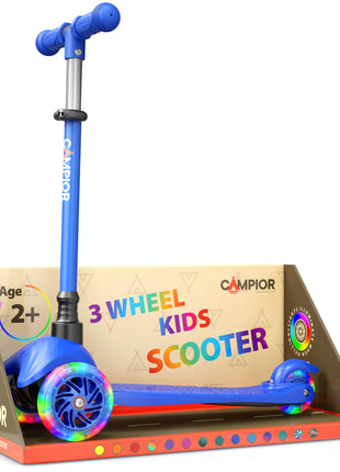 Blue Mini 3 Wheel Scooter for Kids – Lean-to-Steer with LED Light-Up Wheels, Adjustable Handlebar, Wide Anti-Slip Deck, Smooth PU Wheels, Rear Foot Brake – Toddler Scooter for Ages 2+