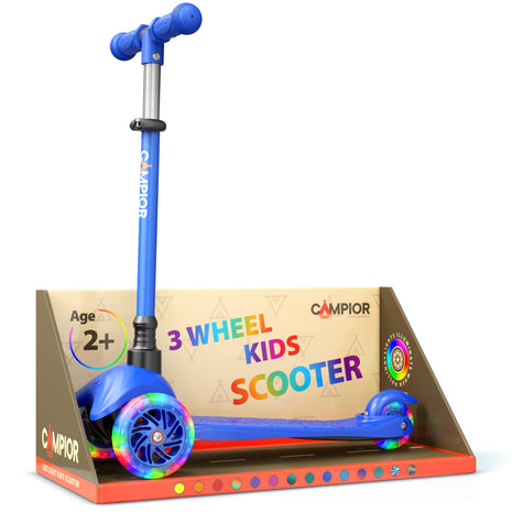 Blue Mini 3 Wheel Scooter for Kids – Lean-to-Steer with LED Light-Up Wheels, Adjustable Handlebar, Wide Anti-Slip Deck, Smooth PU Wheels, Rear Foot Brake – Toddler Scooter for Ages 2+