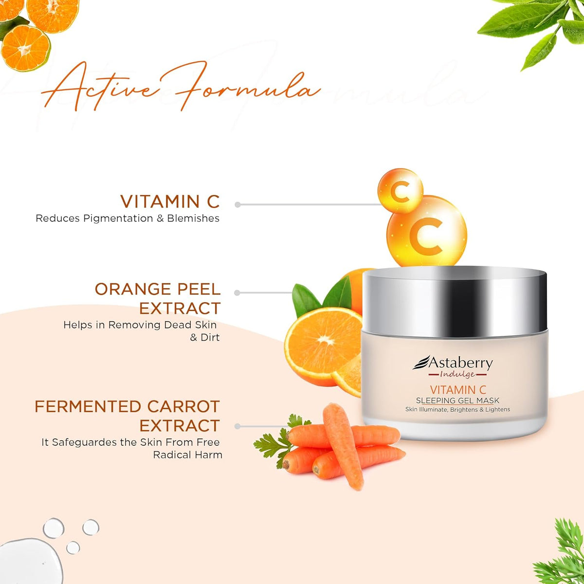 Astaberry Indulge Vitamin C Sleeping Gel Mask for Skin illuminate 50g - Brightens & Lightens | Boosts Glow & Plumps Skin | Repairs Sun Damage | Reduces Pigmentation