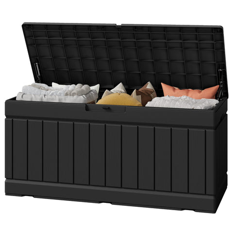 Greesum 82 Gallon Resin Deck Box Large Outdoor Storage for Patio Furniture, Garden Tools, Pool Supplies, Weatherproof and UV Resistant, Lockable, Black
