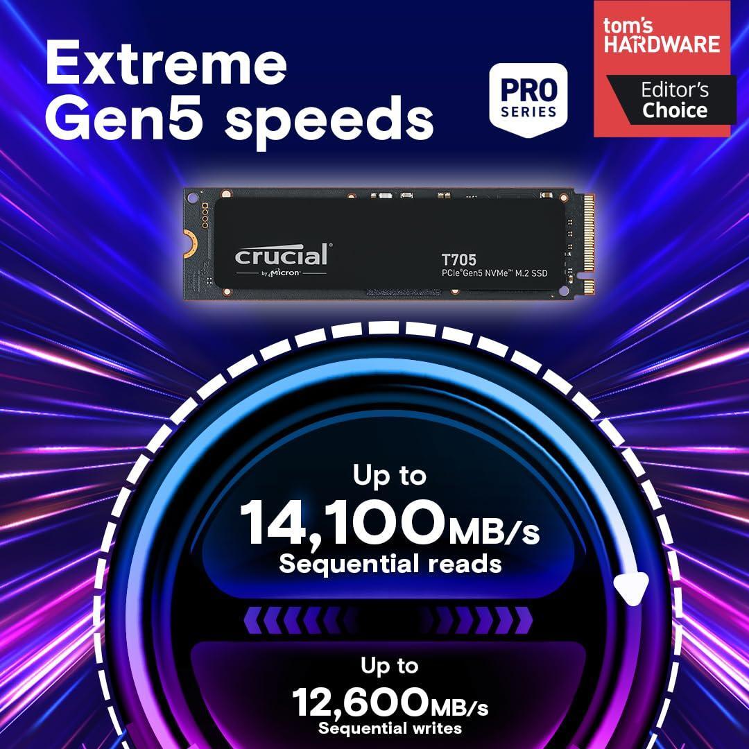 Crucial T705 4TB PCIe Gen5 NVMe M.2 SSD - Up to 14,100 MB/s - Game Ready - Internal Solid State Drive (PC) - +1mo Adobe CC - CT4000T705SSD3