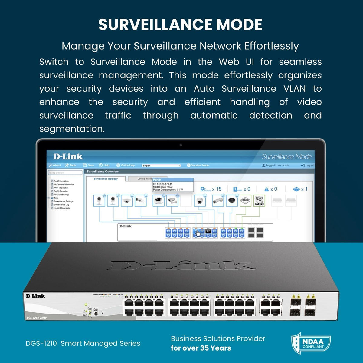 D-Link 28-Port Gigabit Smart Managed Switch | 24 GbE + 4 SFP Combo Ports | L2+ | VLANs | Cable Diagnostics | Web UI | Rackmount | Fanless | NDAA Compliant | Lifetime Warranty (DGS-1210-28)
