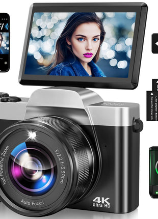 4K Digital Camera for Photography with WiFi, 2025 Latest Auto-Focus Vlogging Camera for YouTube Video 3'' 180° Flip Screen Travel Cameras 16X Zoom Anti-Shake 4K Cameras with SD Card, 2 Batteries