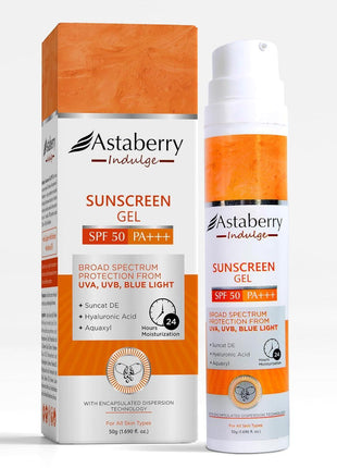 Astaberry Indulge Sunscreen Gel SPF 50 PA+++ |Broad Spectrum protection from UVA/B & Blue Light| Suncat DE & No White Cast | Light Weight & Non Greasy- 50g