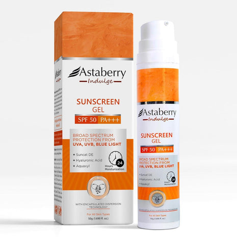 Astaberry Indulge Sunscreen Gel SPF 50 PA+++ |Broad Spectrum protection from UVA/B & Blue Light| Suncat DE & No White Cast | Light Weight & Non Greasy- 50g