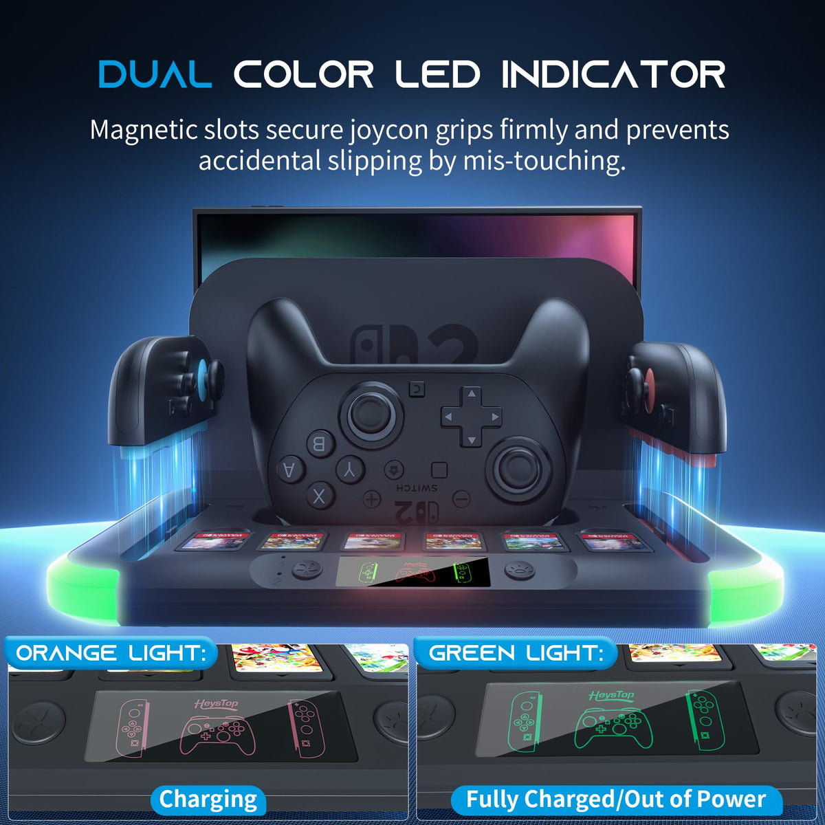Switch 2 Charging Dock Station,HEYSTOP Switch 2 Controller Charger for Switch 2 Pro Controller and Joy Cons,with RGB,Heat Dissipation,Game Card Slot*6,Fast-Magnetic Charging Station Storage Organizer