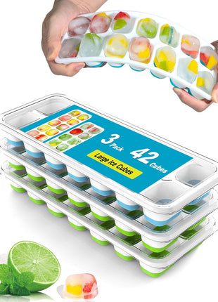 Ice Cube Trays for Freezer   3 Pack 42 Cubes, Easy to Release Silicone Ice Trays with Spill Resistant Lids, Reusable Ice Tray,Stackable and BPA Free, Perfect for Cocktails, Drinks,and Ice Coffee