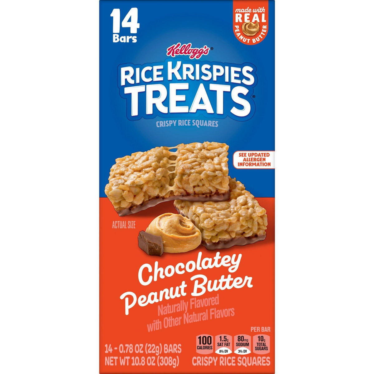 Rice Krispies Treats Crispy Rice Squares, Snack Bars, Chocolatey Peanut Butter, 10.8oz Box (14 Count)