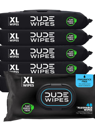 DUDE Wipes Unscented Adult Flushable Wet Wipes, Sensitive Skin, 288 Count | 99% water, extra large flushable butt wipes. Fragrance free, hypoallergenic, vitamin E and aloe. Septic safe. 6 packs of 48.