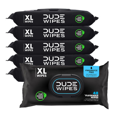 DUDE Wipes Unscented Adult Flushable Wet Wipes, Sensitive Skin, 288 Count | 99% water, extra large flushable butt wipes. Fragrance free, hypoallergenic, vitamin E and aloe. Septic safe. 6 packs of 48.