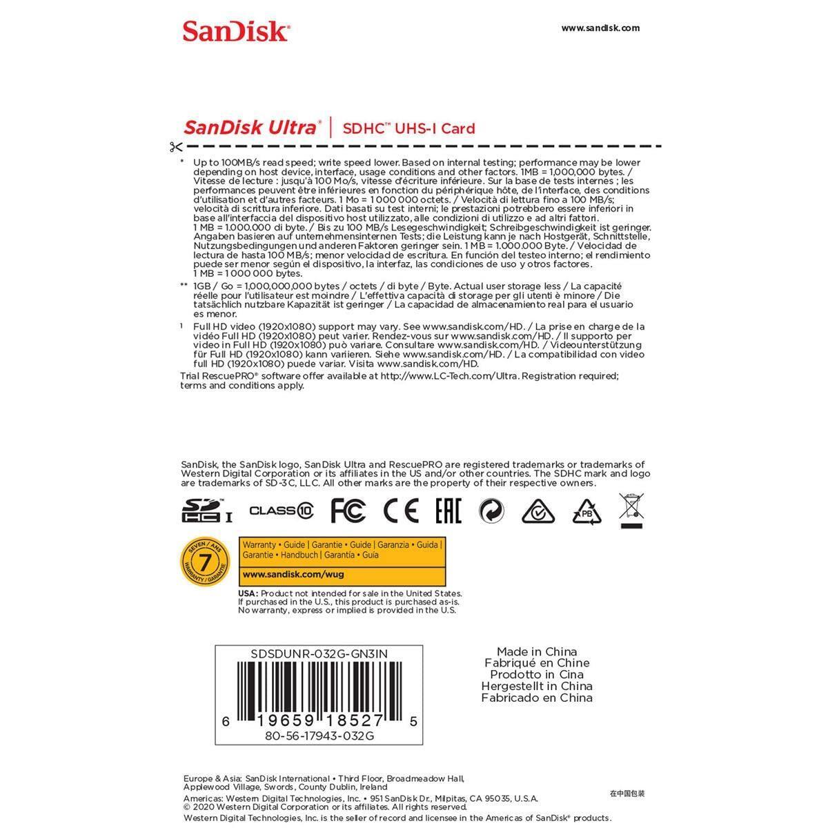 32GB Ultra 100MBs Sandisk SDHC Memory Card