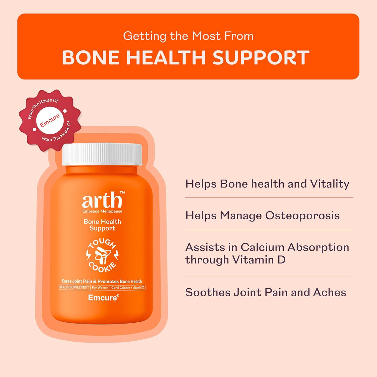 Arth Bone Health Support | High Absorption Coral Calcium (1000mg) + Vitamin D (600 IU) | 30-Day Supplement | Emcure Pharmaceuticals Ltd.| 60 Veg Tablets