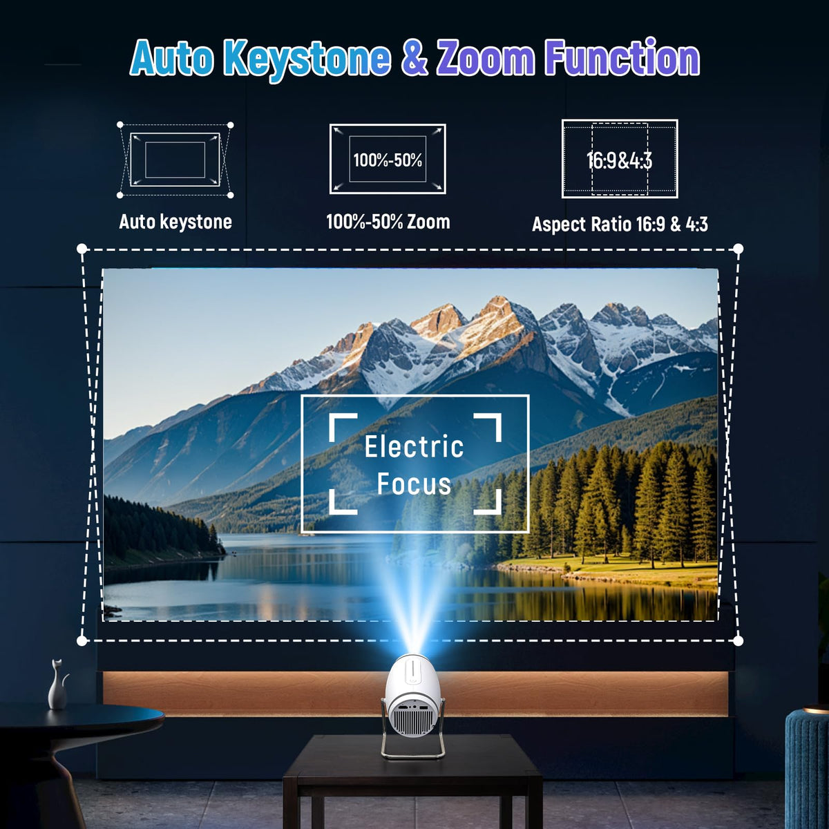 FEARWIKY Mini Portable Movie Projector with WiFi and Bluetooth, 4K 1080P Support, 180° Rotatable 130'' Screen, Auto Keystone Compatible with HDMI/USB/Smartphone/PC/Laptop