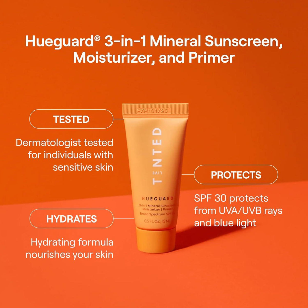 Live Tinted Hueguard® 3-in-1 Mineral Sunscreen, Moisturizer, & Primer for Face and Body - Hydrate and Protect the Skin Year Round - SPF 30 to Protect Against UVA/UVB Rays, 1.7 Fl Oz
