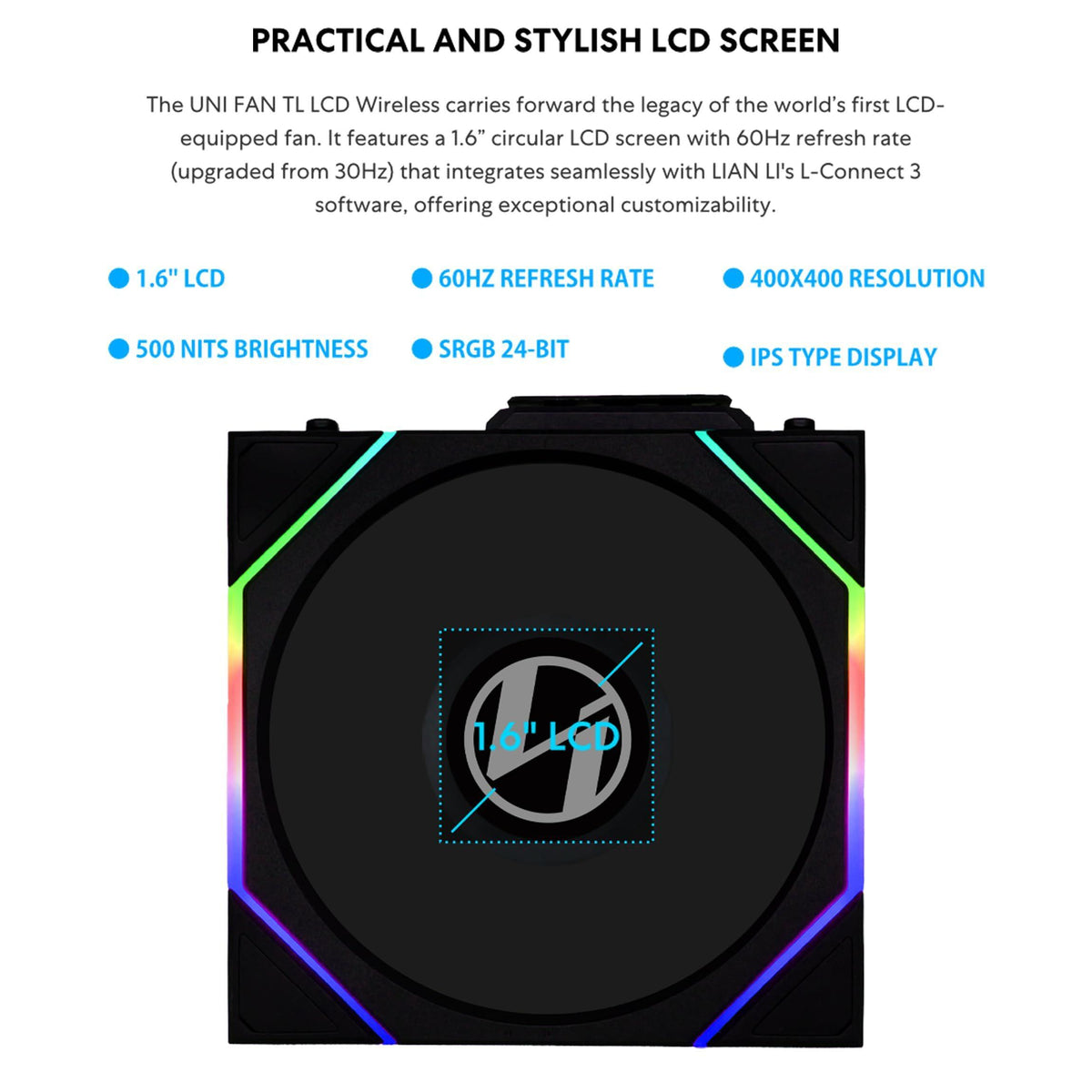 Lian Li UNI Fan TL LCD Wireless 120-Single Pack (Reverse Blade)-2.4 GHz Wireless Signal ARGB Fan-Infinity Mirror-Daisy-Chain-Syncing Lighting-Controller NOT Included & Required - Black (12RTLLCD1W1B)