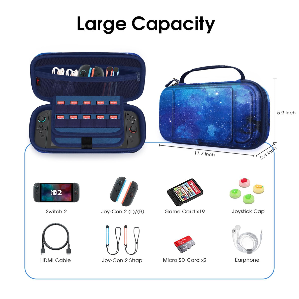FINTIE Carrying Case for Nintendo Switch 2 (2025), Shockproof Hard Shell Switch 2 Case, Protective Cover Travel Bag with 19 Game Card & 2 Micro SD Card Slots & Inner Pocket, Starry Sky