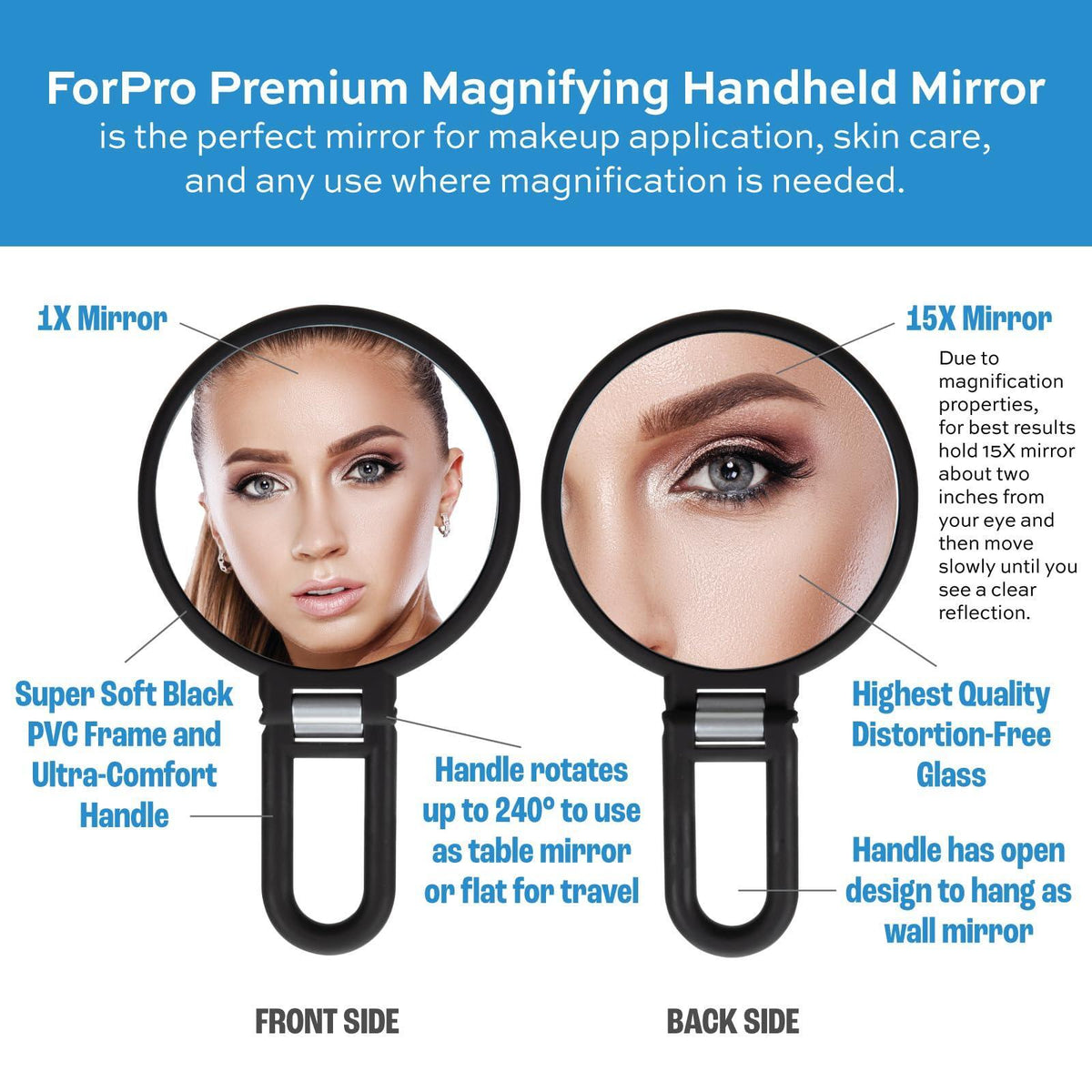 ForPro Professional Collection Premium Magnifying Handheld Mirror, 1X/15X Magnification Hand Mirror, Folding Adjustable Handle, for Makeup, Travel, Black