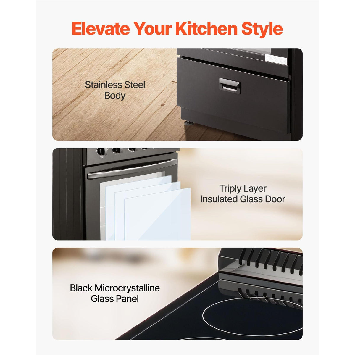 VEVOR 24 in Electric Range Oven, 2.7 Cu. Ft. Capacity Compact Freestanding Oven, Stainless Steel Kitchen Stove, with 4 Burners, Easy Reach Racks, Storage Drawer, Drip Pan, Indicator Light, Black