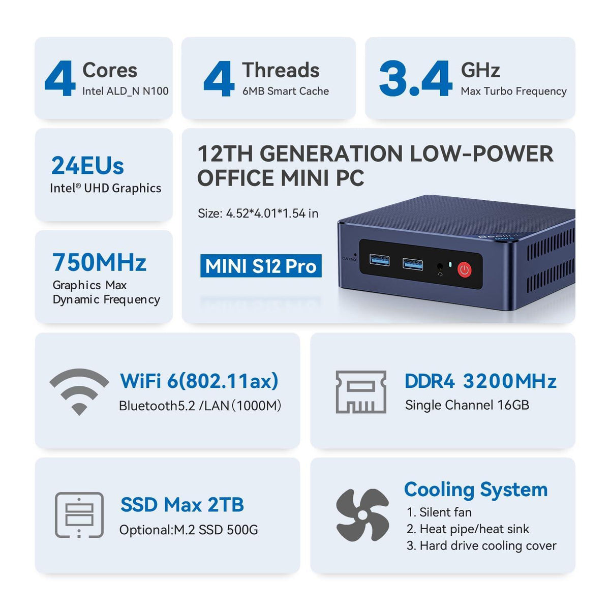 Beelink Mini PC, Mini S12 Pro Intel 12th N100(Up to 3.4GHz), 16GB DDR4 500GB M.2 SSD, Desktop Computers Support 4K Dual HDMI Display/WiFi6/BT5.2/USB3.2/1000Mbps LAN/WOL Home/Office