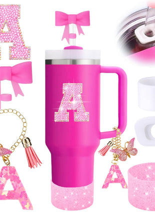 6PCS Pink Stanley Cup Accessories Set, Initials Decorations for Stanley Cup 30oz 40oz, Includes Bow Straw Topper, Handle Charm, Letter Sticker, Silicone Boot, Spill Proof Stopper (Letter A)