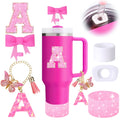 6PCS Pink Stanley Cup Accessories Set, Initials Decorations for Stanley Cup 30oz 40oz, Includes Bow Straw Topper, Handle Charm, Letter Sticker, Silicone Boot, Spill Proof Stopper (Letter A)