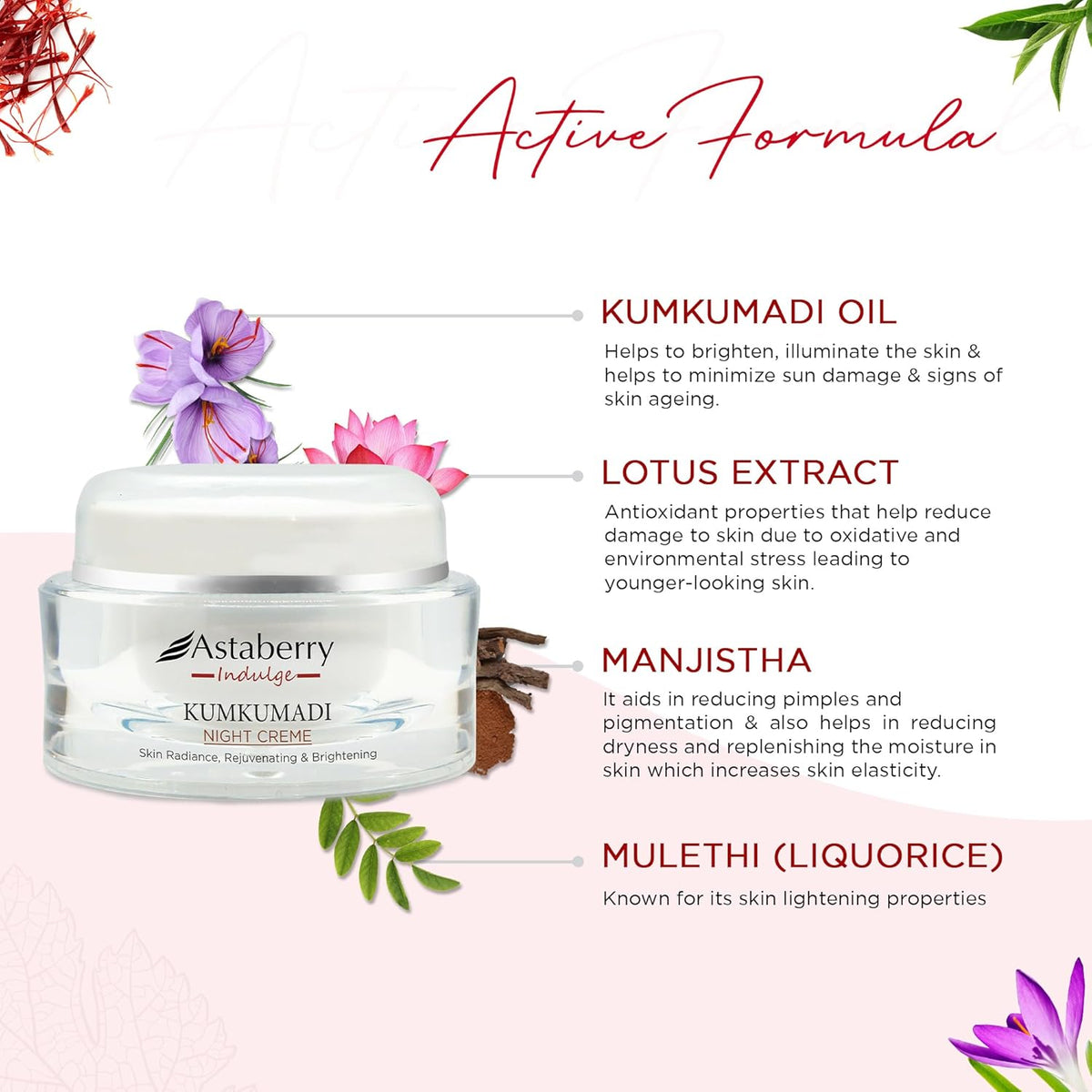 Astaberry Indulge Kumkumadi Night Cream for Glowing Skin | Dark Spot Reduction | Rejuvenates Dull Skin | For Normal, Oily, Acne-Prone, Combination Skin | 50 g