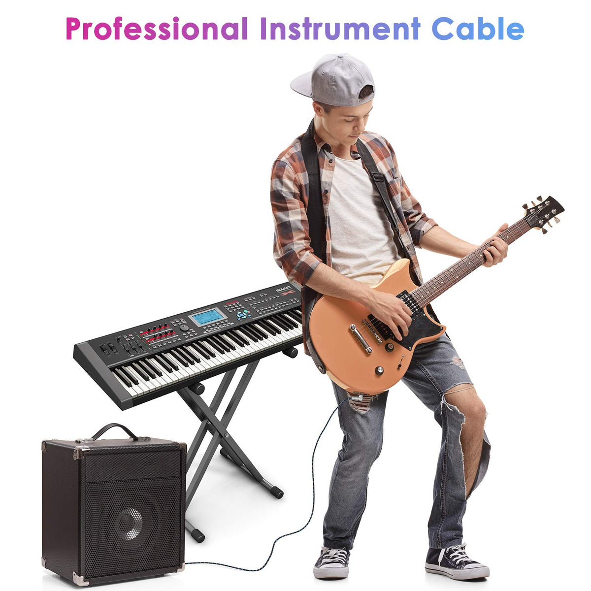 Sovvid 10FT Instrument Cable - Electric Guitar & Bass Cable with Right Angle 1/4 Inch Connector - Black & Bluetest