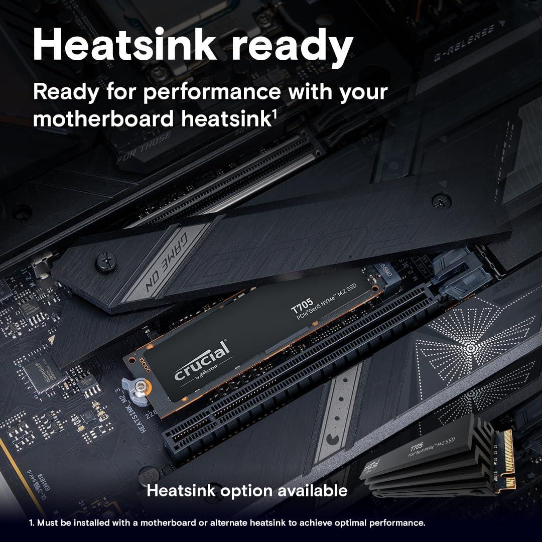 Crucial T705 4TB PCIe Gen5 NVMe M.2 SSD - Up to 14,100 MB/s - Game Ready - Internal Solid State Drive (PC) - +1mo Adobe CC - CT4000T705SSD3