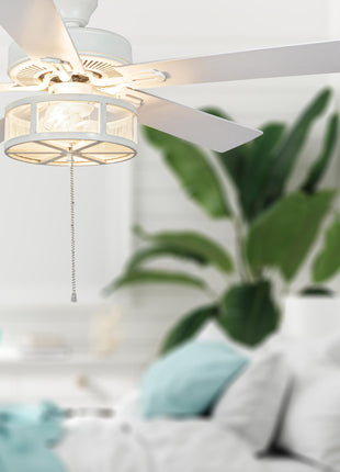 RIVER OF GOODS Alabaster LED Mesh Caged Ceiling Fan - 52" L X 52" W - White/Oak Wood-Grain Blades