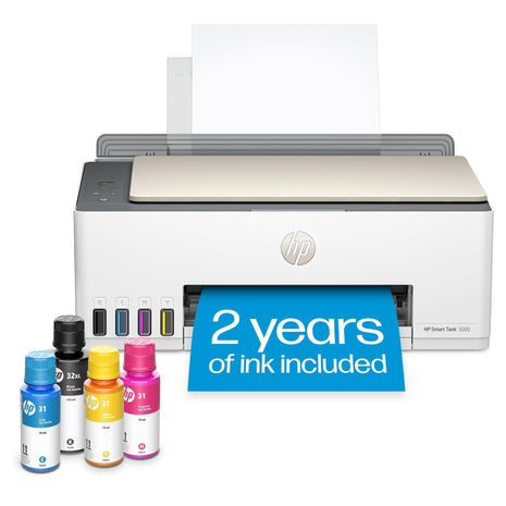HP Smart Tank 5000 Wireless All-in-One Ink Tank Printer, Scanner, Copier with 2 Years of Ink Included, Best-for-Home, Cartridge-Free, Refillable and AI-Enabled. (5D1B6A)