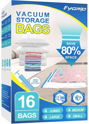 Fygrip Vacuum Storage Bags with Hand Pump, Plastic Packaging Bags, 80% Space Saver Vacuum Seal Bags for Clothing, Travel Lugggage, Blankets, Comforters, 16 Combo