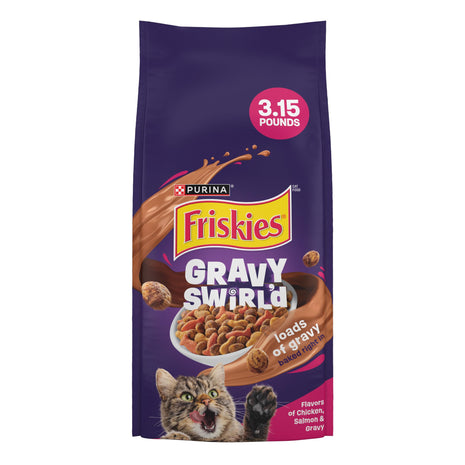 Purina Friskies Gravy Swirlers With Flavors of Chicken, Salmon and Gravy Dry Cat Food - 3.15 lb. Bag