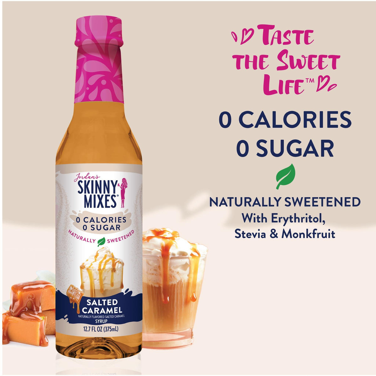 Jordan's Skinny Syrups Salted Caramel Naturally Sweetened, 0 calorie, 0 Sugar, No Artificial Flavors 12.7 Fl Oz