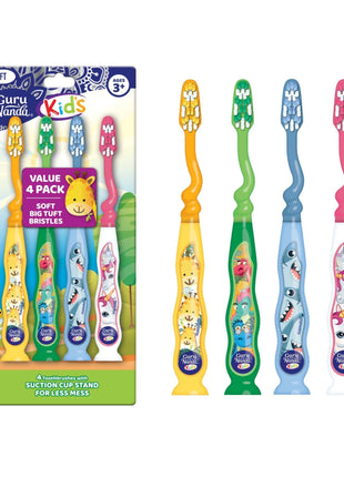 GuruNanda Kids Toothbrush with Suction Cup & Fun Animal Designs   Soft Bristles for Healthy Gums  Non Slippery & Mess Free Toothbrush, 3+ Age  4 Count