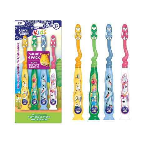 GuruNanda Kids Toothbrush with Suction Cup & Fun Animal Designs   Soft Bristles for Healthy Gums  Non Slippery & Mess Free Toothbrush, 3+ Age  4 Count