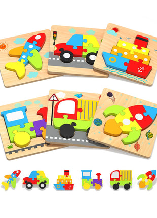 Wooden Toddler Puzzles Gifts Montessori Toys for 1 2 3 Years Old Boys Girls | 6 Vehicle Shape Puzzles, Boy Birthday Gift, Montessori Toys Educational Blocks for Toddlers 1-3, 2-4, Baby Learning Toys