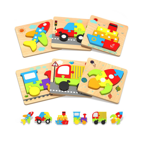 Yetonamr Wooden Toddler Puzzles Gifts Toys for 1 2 3 Years Old Boys Girls, 6 Vehicle Shape Montessori Toys Educational Blocks Kids Gift Baby Learning Toy Age 1-3, 2-4