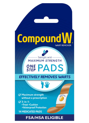 Compound W Wart Remover Maximum Strength One Step Pads with Salicylic Acid, 14 Medicated Pads