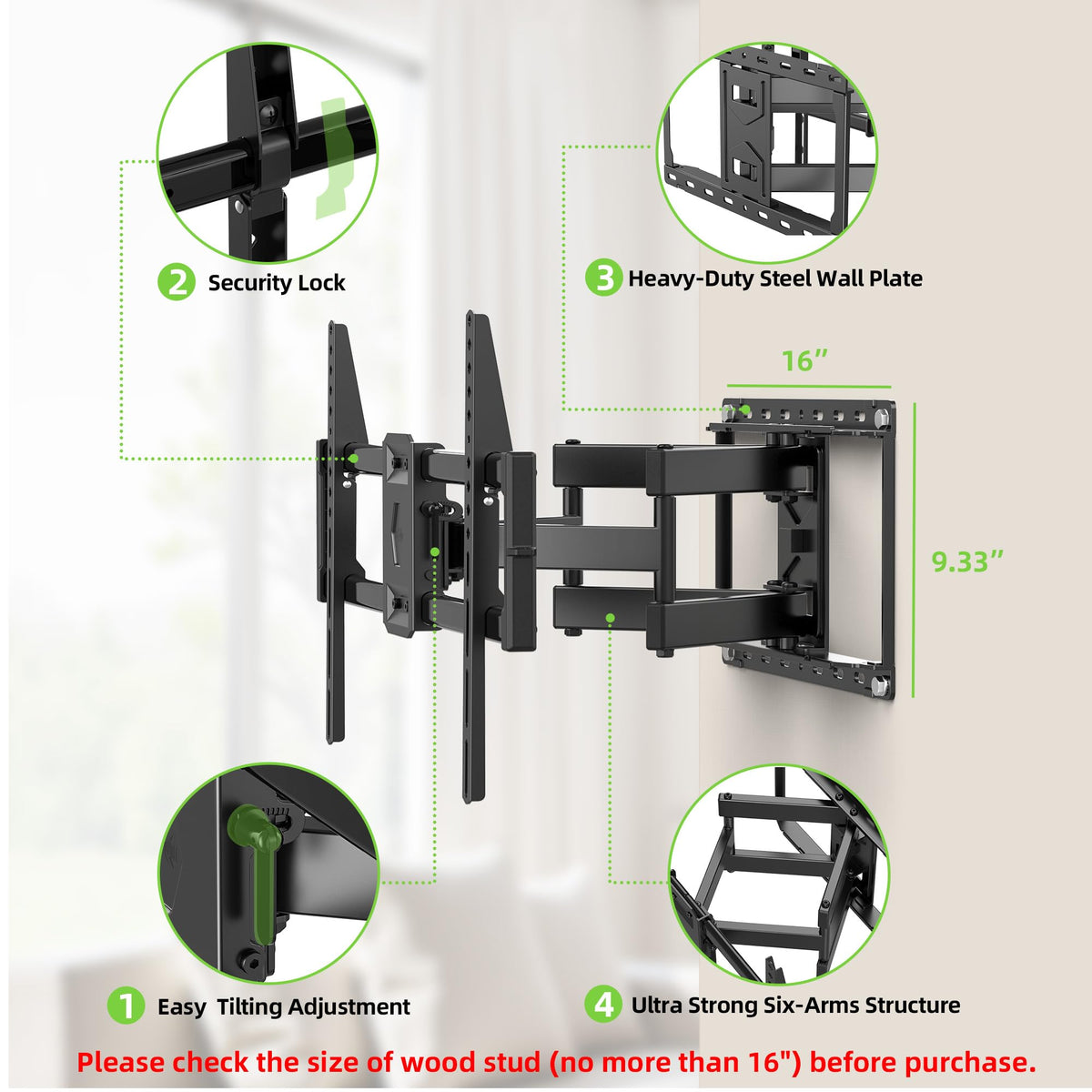 USX Mount Full Motion TV Wall Mount for Most 42-86 inch Flat Screen/LED/4K, TV Mount Bracket Dual Swivel Articulating Tilt 6 Arms, Max 16" Wood Studs, VESA 600x400mm, Holds up to 132lbs