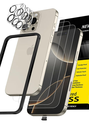 NEW'C 3x for iPhone 16 Pro Screen Protector (6.3 inches)+ 3x Camera Lens Protector, Sensor Protection, Case Friendly Tempered Glass Film + Dust Plug- Easy installation tool include