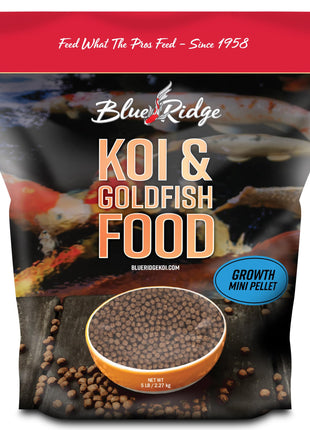 Blue Ridge Koi Fish Food 5lb - Koi Food Mini Growth Formula, Goldfish Food, Premium Fish Food for Ponds, Ponds Fish Food, Floating Pond Pellets