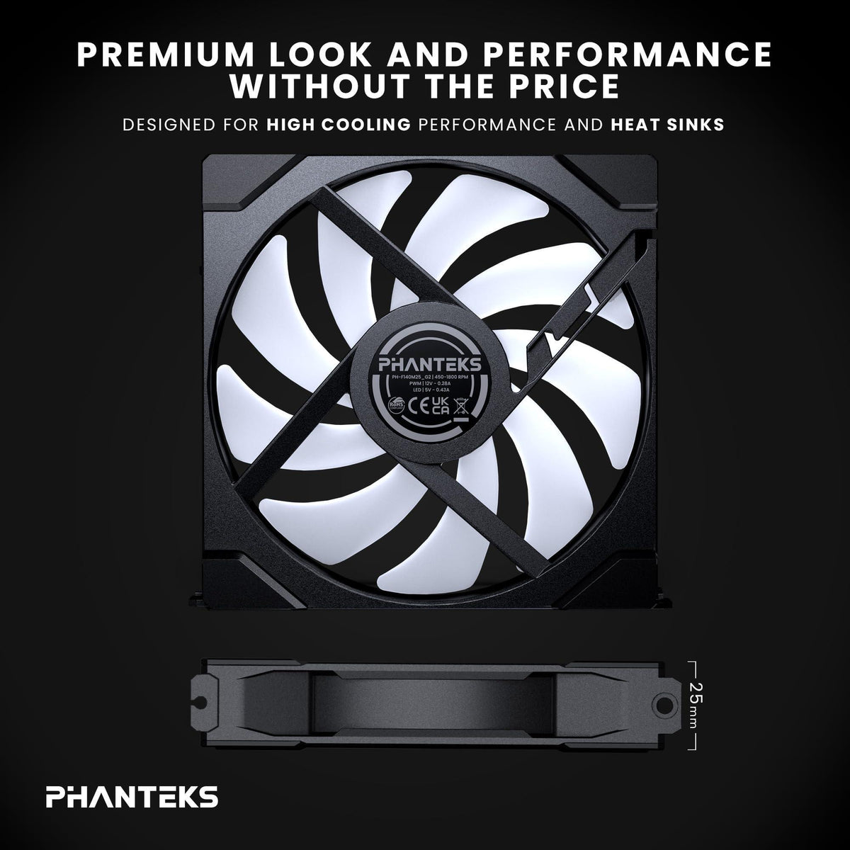 Phanteks M25-140 Gen2 Reversed Blade, 140mm ARGB High Performance Cooling Fans, Daisy-Chain Unified Fan Frame, Infinity Mirror hub, Single Cable Connection, Black