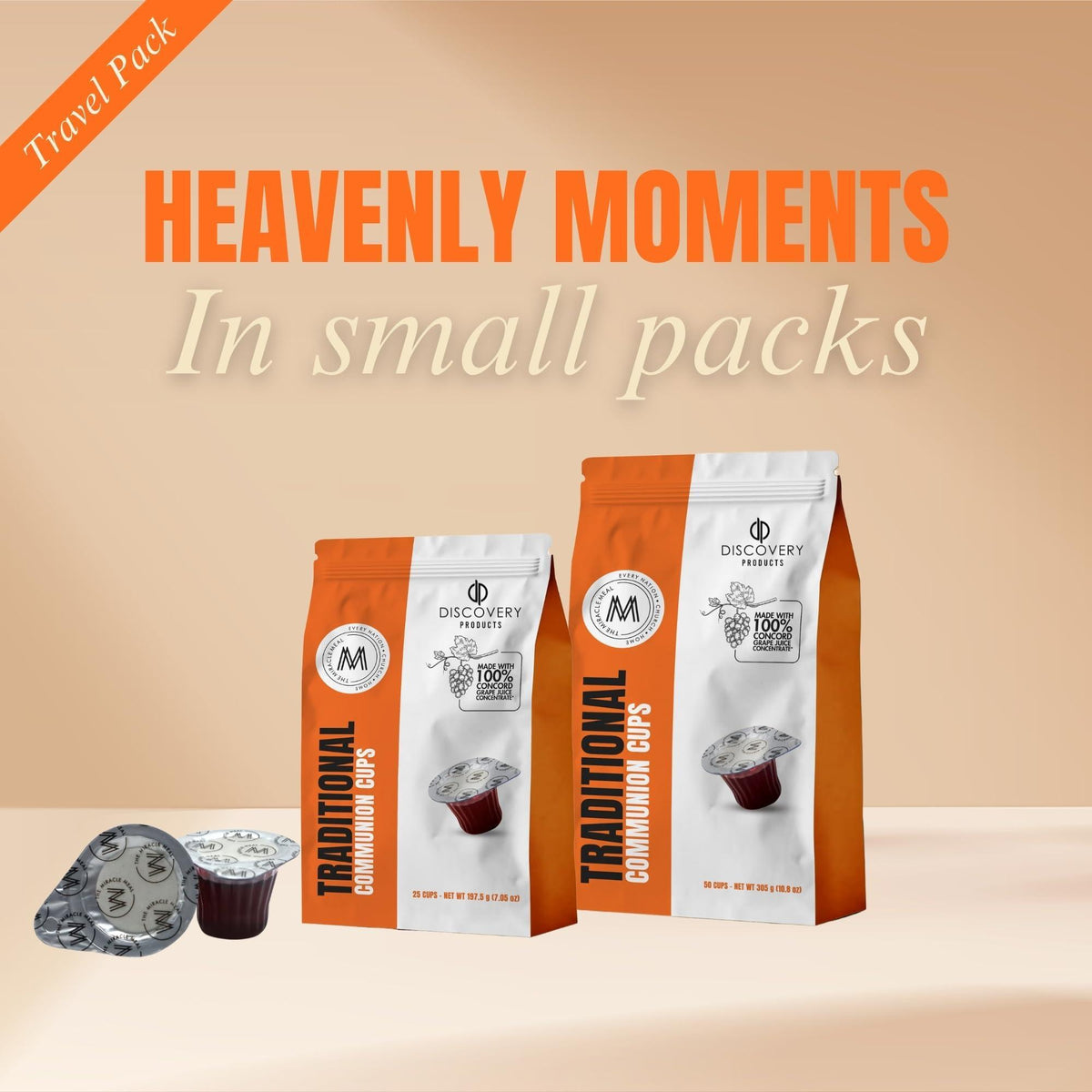 Travel Pack - Pre-Filled Traditional Communion Cup - Bag of 25 with Wafer and 100% Concord Grape Juice